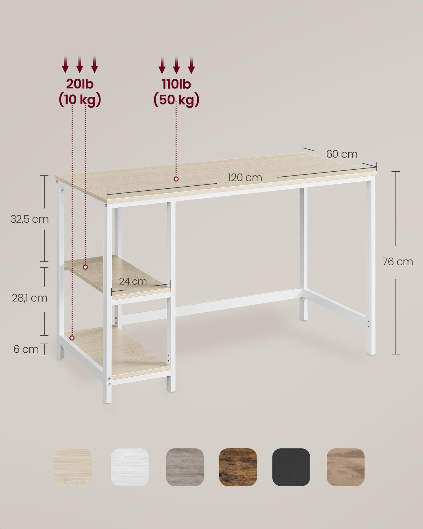 „VASAGLE Computertisch 120x60x76 cm – moderner Stil, naturbeige-perlweiß“