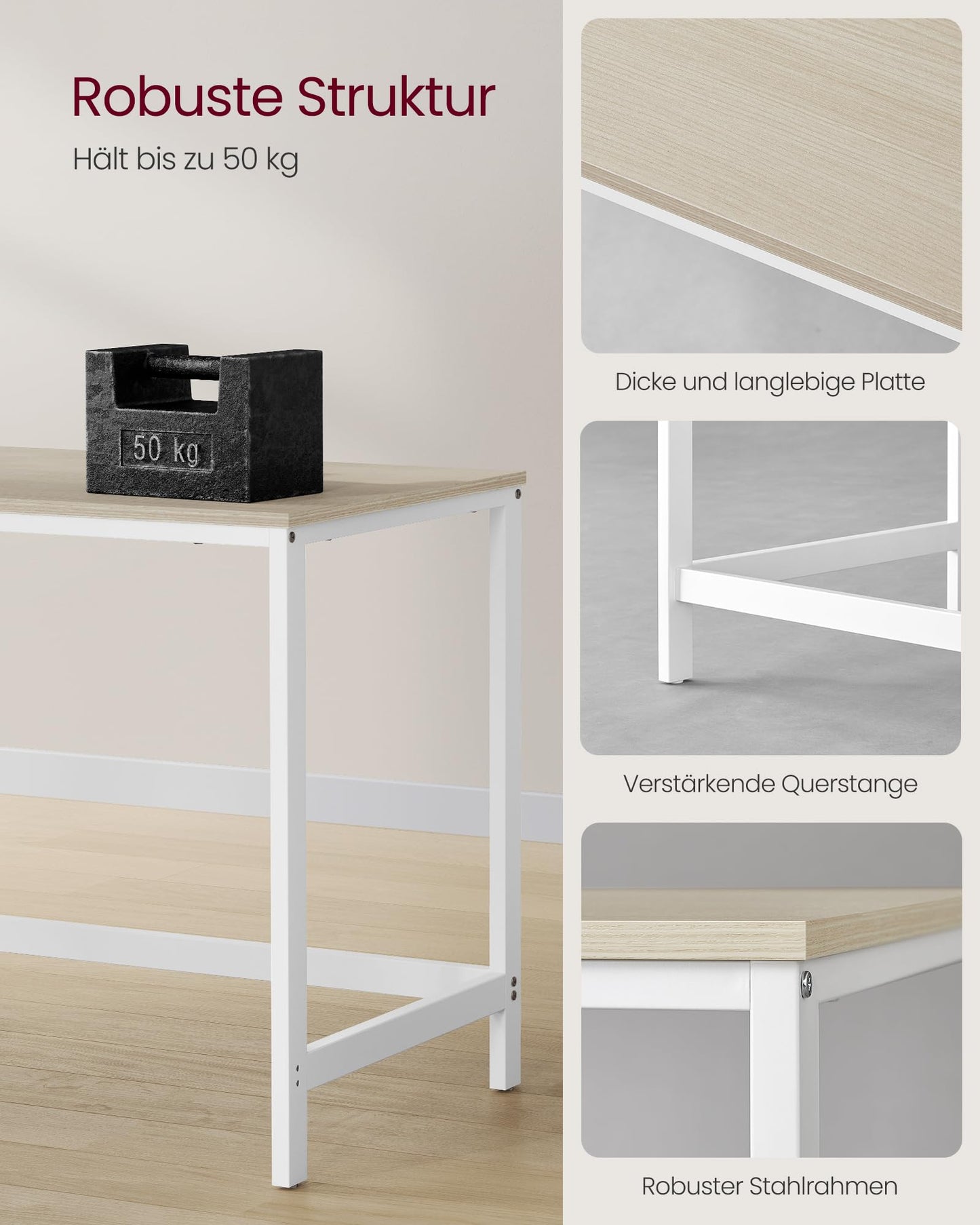 „VASAGLE Computertisch 120x60x76 cm – moderner Stil, naturbeige-perlweiß“