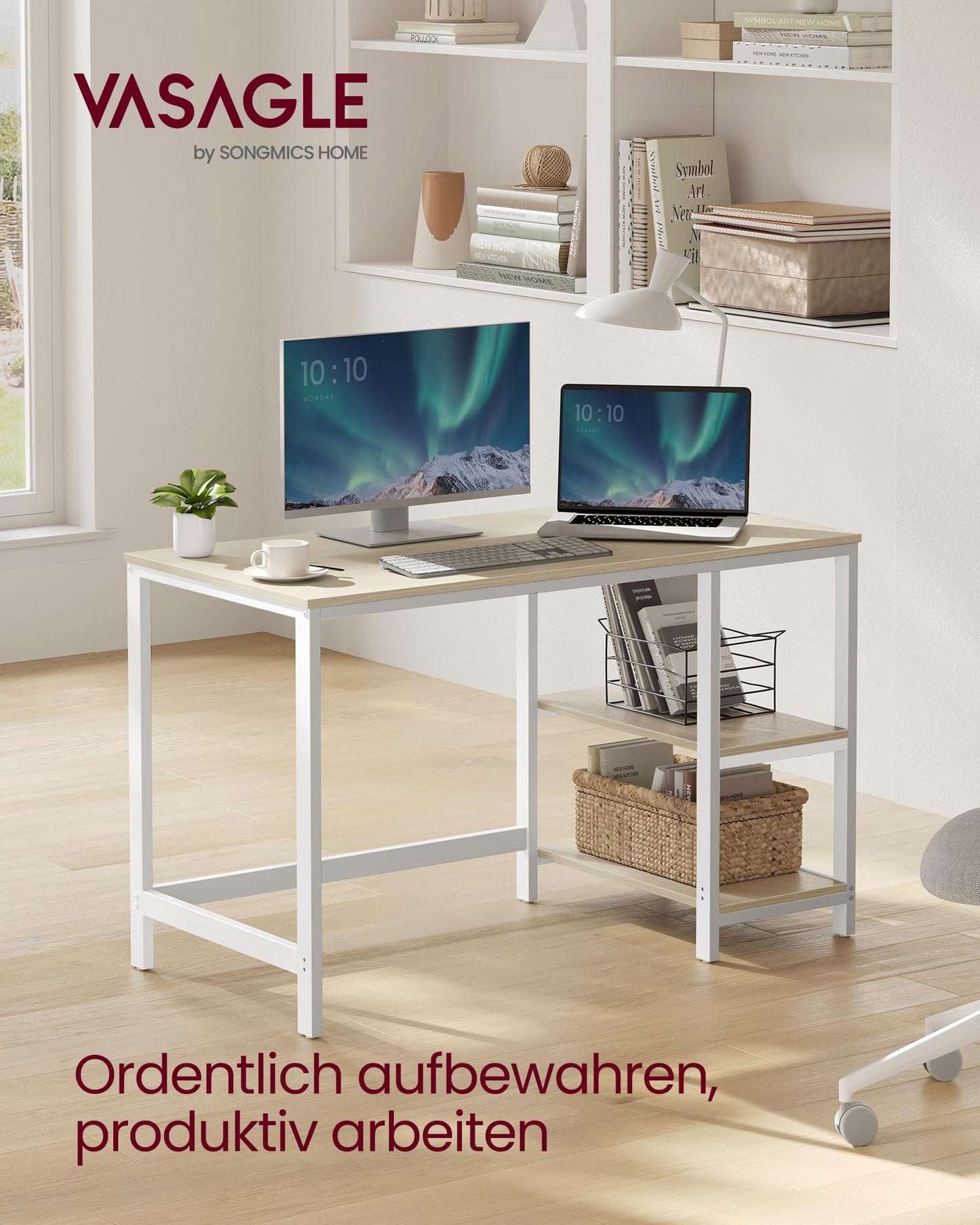 „VASAGLE Computertisch 120x60x76 cm – moderner Stil, naturbeige-perlweiß“