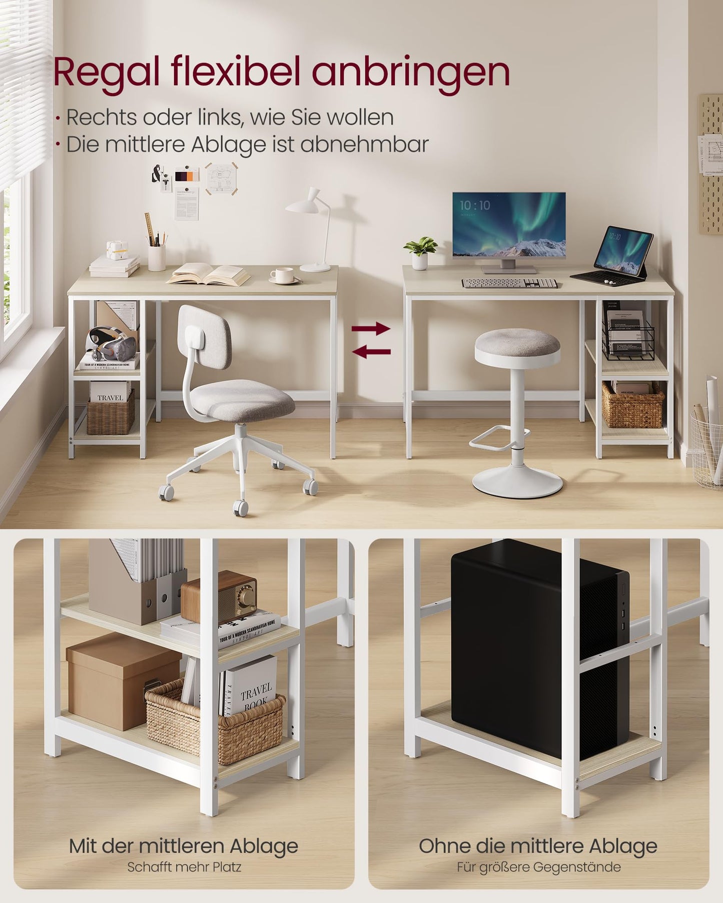 „VASAGLE Computertisch 120x60x76 cm – moderner Stil, naturbeige-perlweiß“